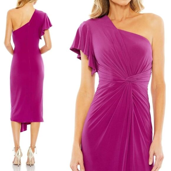 $398 NEW MAC DUGGAL stretch jersey knit fuschia pink one shoulder dress 10 NWT - Picture 1 of 11